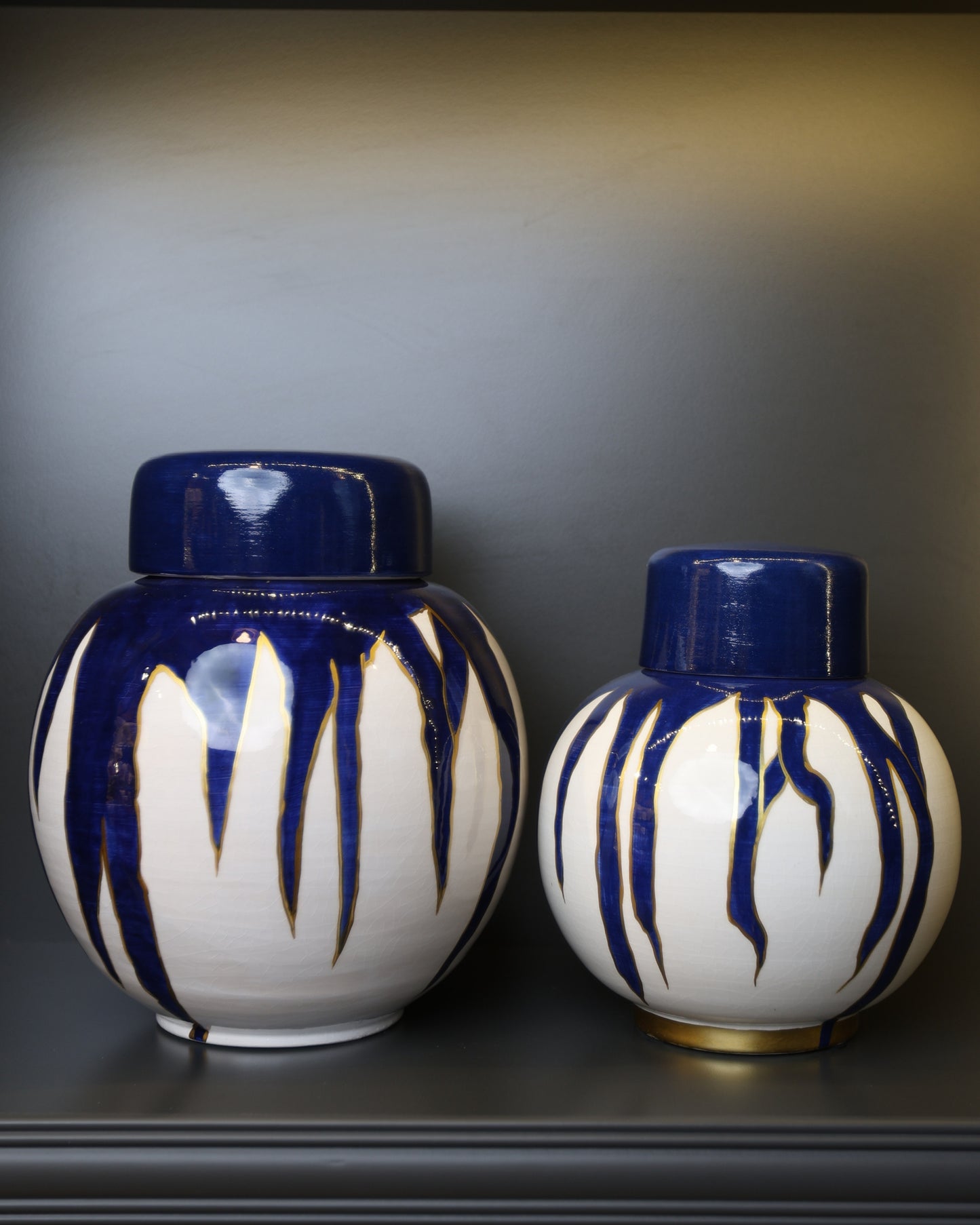 2’li Porselen Mavi-Beyaz Gold Detaylı Yuvarlak Küp