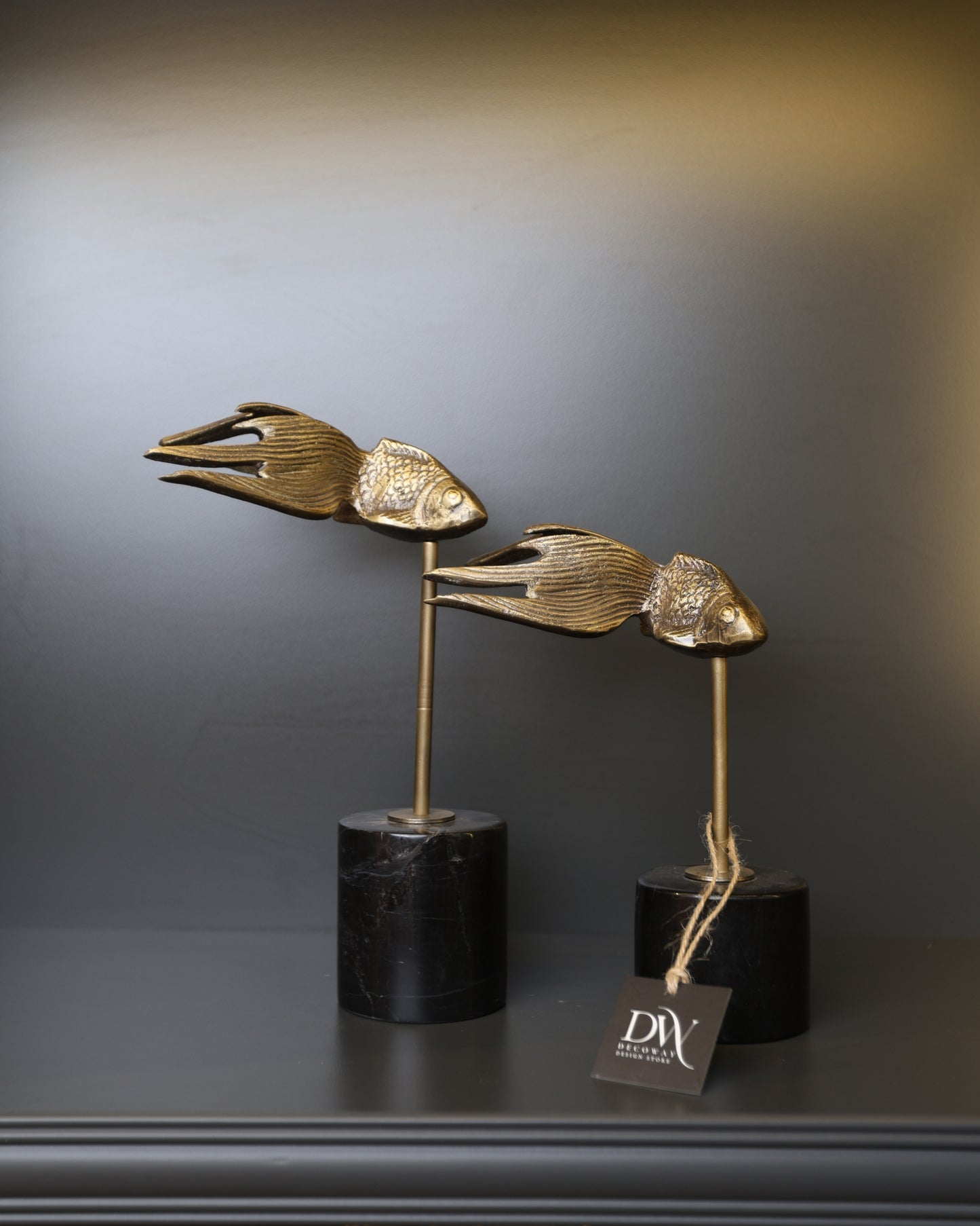 2’li Siyah Mermer Kaideli Balık Figürü (Bronz Seri)