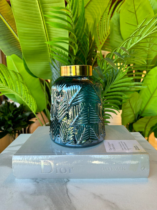 Cam Yaprak Desenli Gold Detaylı Vazo – Petrol