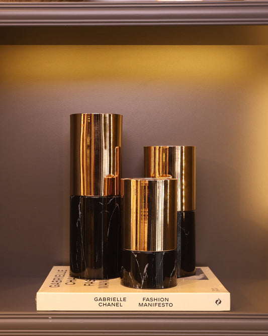 Black & Gold Cylinder Set – 2’li Gold Detaylı Siyah Seramik Vazo