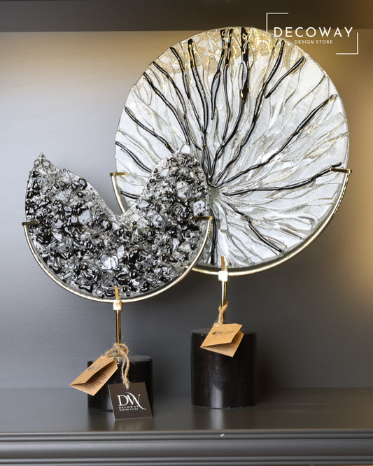 2’li Cam Siyahlı Kristal Obje – Mermer Kaideli, Gold Detaylı